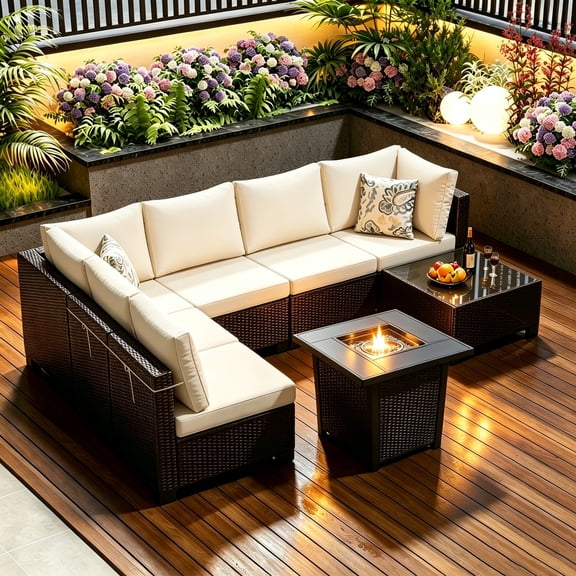ZXRLHX 8-Piece Textured Wicker Sectional Patio Furniture Set, Brown/Beige, with Fire Pit and Coffee Table
