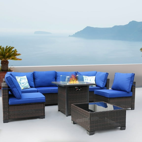 ZXRLHX 8 Piece Wicker Outdoor Sectional Sofa Set with Fire Pit Table, Pillows (Brown/Blue)