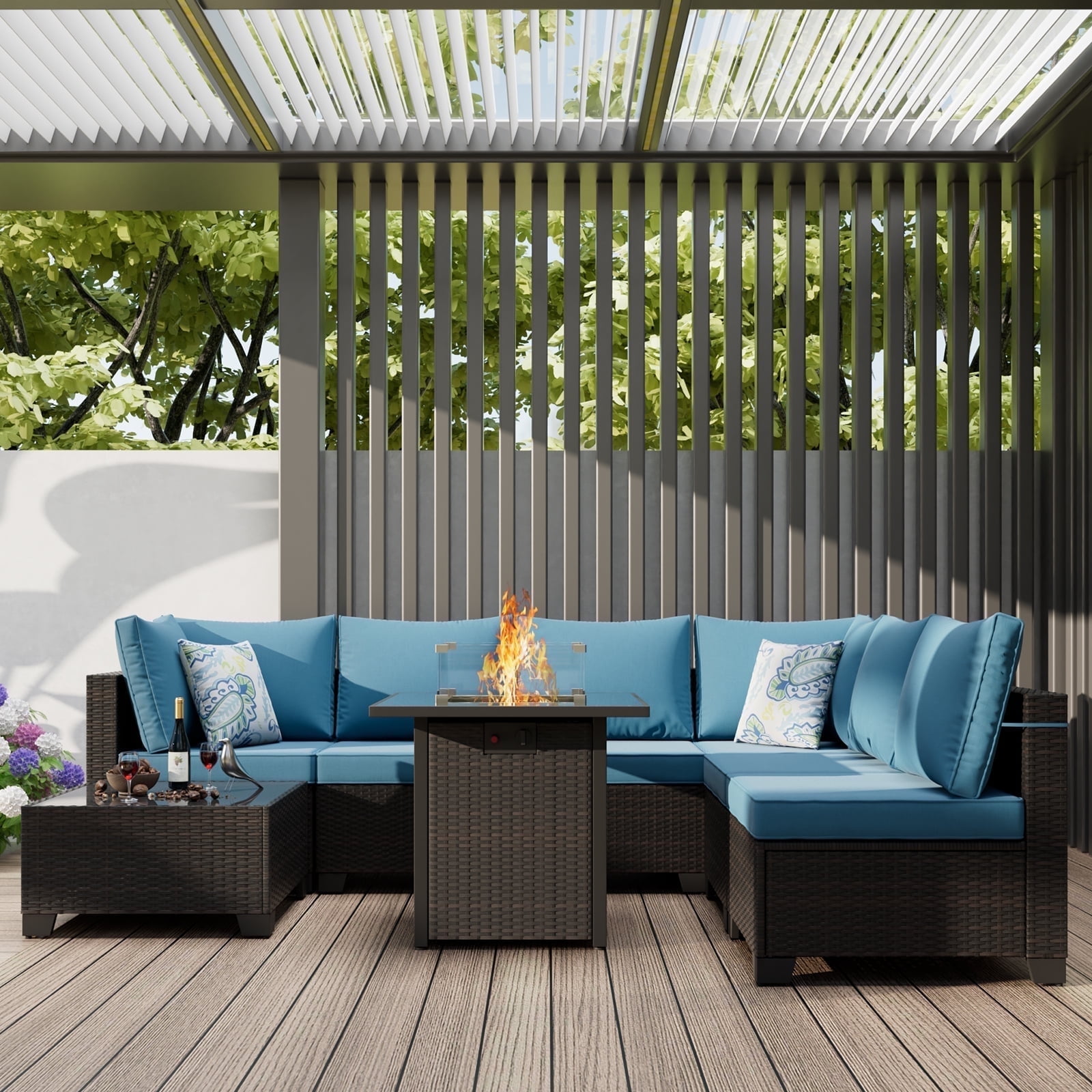 ZXRLHX 8-Piece Modular Rattan Patio Furniture Set with Firepit