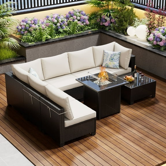ZXRLHX 8-Piece Wicker Patio Sectional Furniture Set with Cushions and Fire Pit, Coffee/Beige
