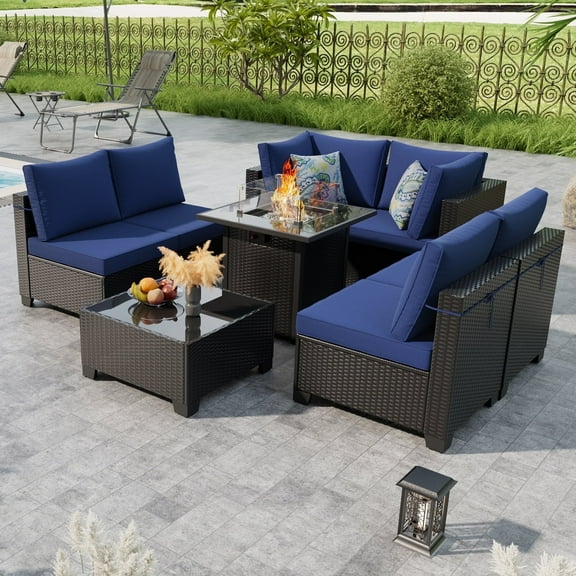 ZXRLHX 8 Piece Wicker Patio Sofa Set with Fire Pit, Outdoor, Garden, Coffee/Blue