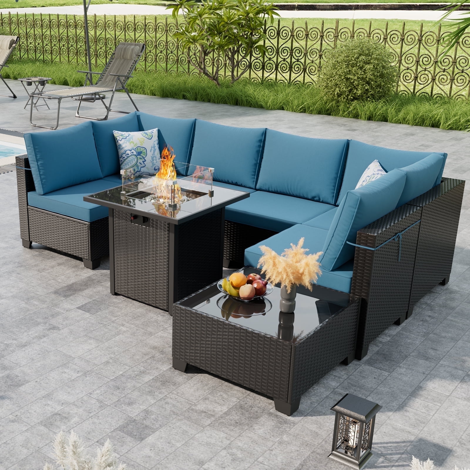 ZXRLHX 8-Piece Wicker Patio Sectional Set with Firepit Table