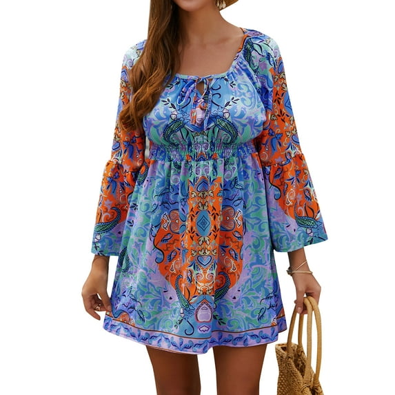 ZXSXSY Beach Dress for Women Floral Printed Boho Dress Long Sleeve Vintage Loose Mini Dresses
