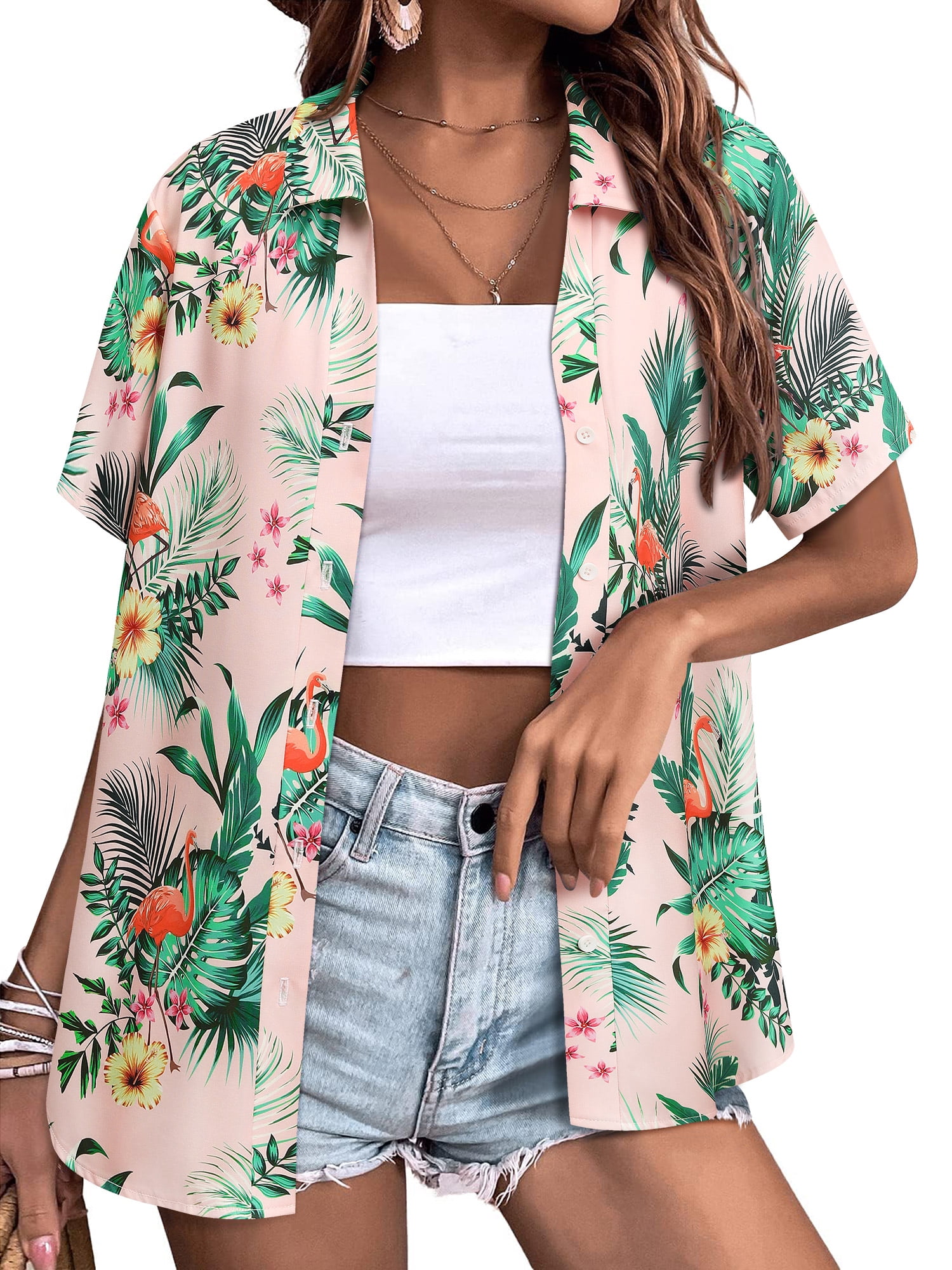 シャツ ZXSXSY Button Down Hawaiian Shirts for Women Short Sleeve Floral