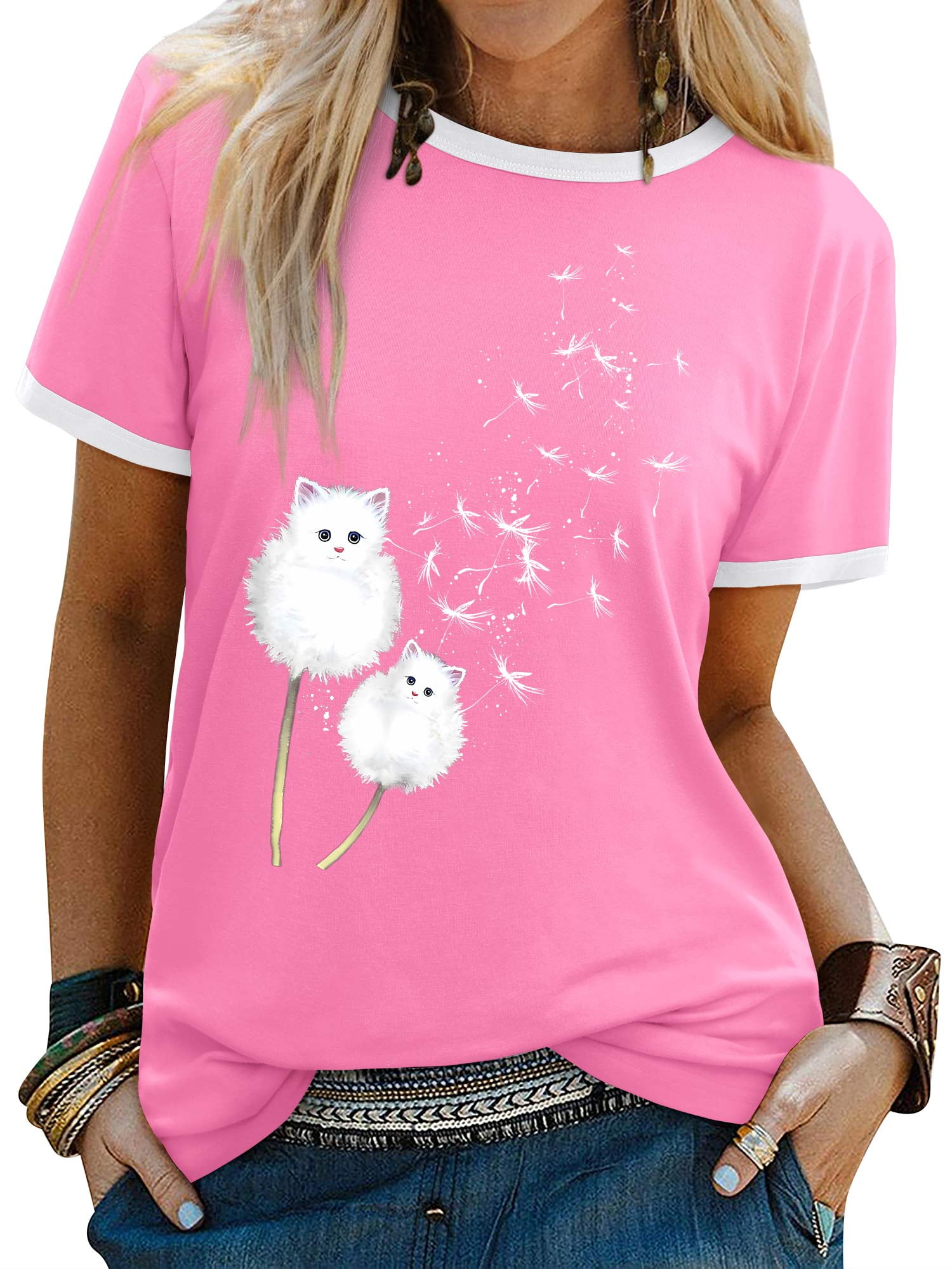 ファンシー ZXSXSY Women's Graphic Tee Cat Dandelion Print Crew Neck
