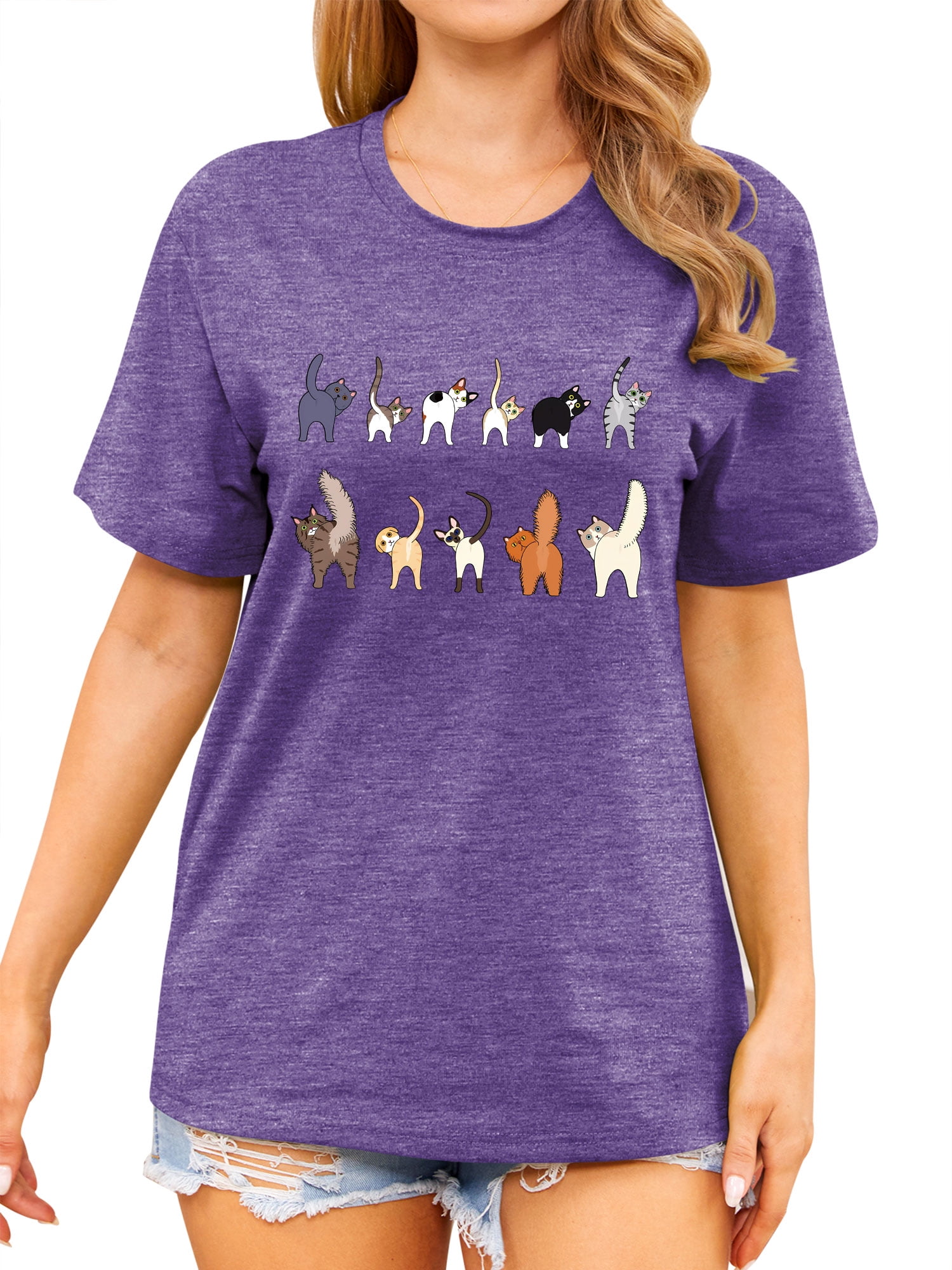 50sファブリック ZXSXSY Cute Cat Shirts for Women Graphic Tee Crew Neck Short