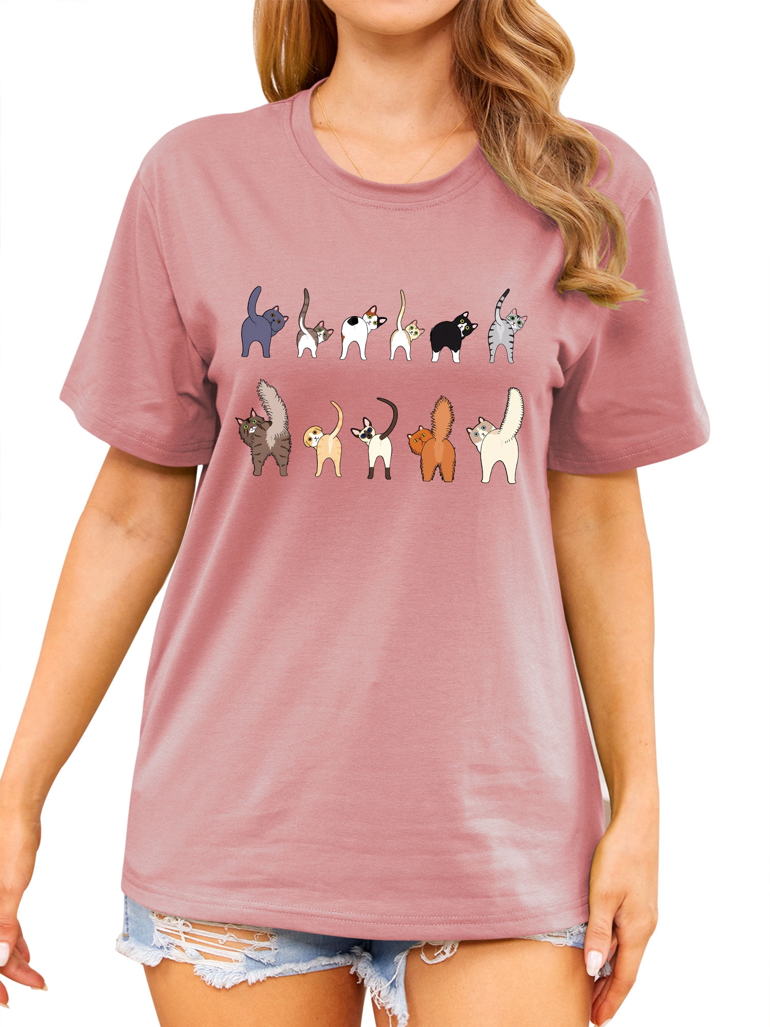 ZXSXSY Cute Cat Shirts for Women Graphic Tee Crew Neck Short