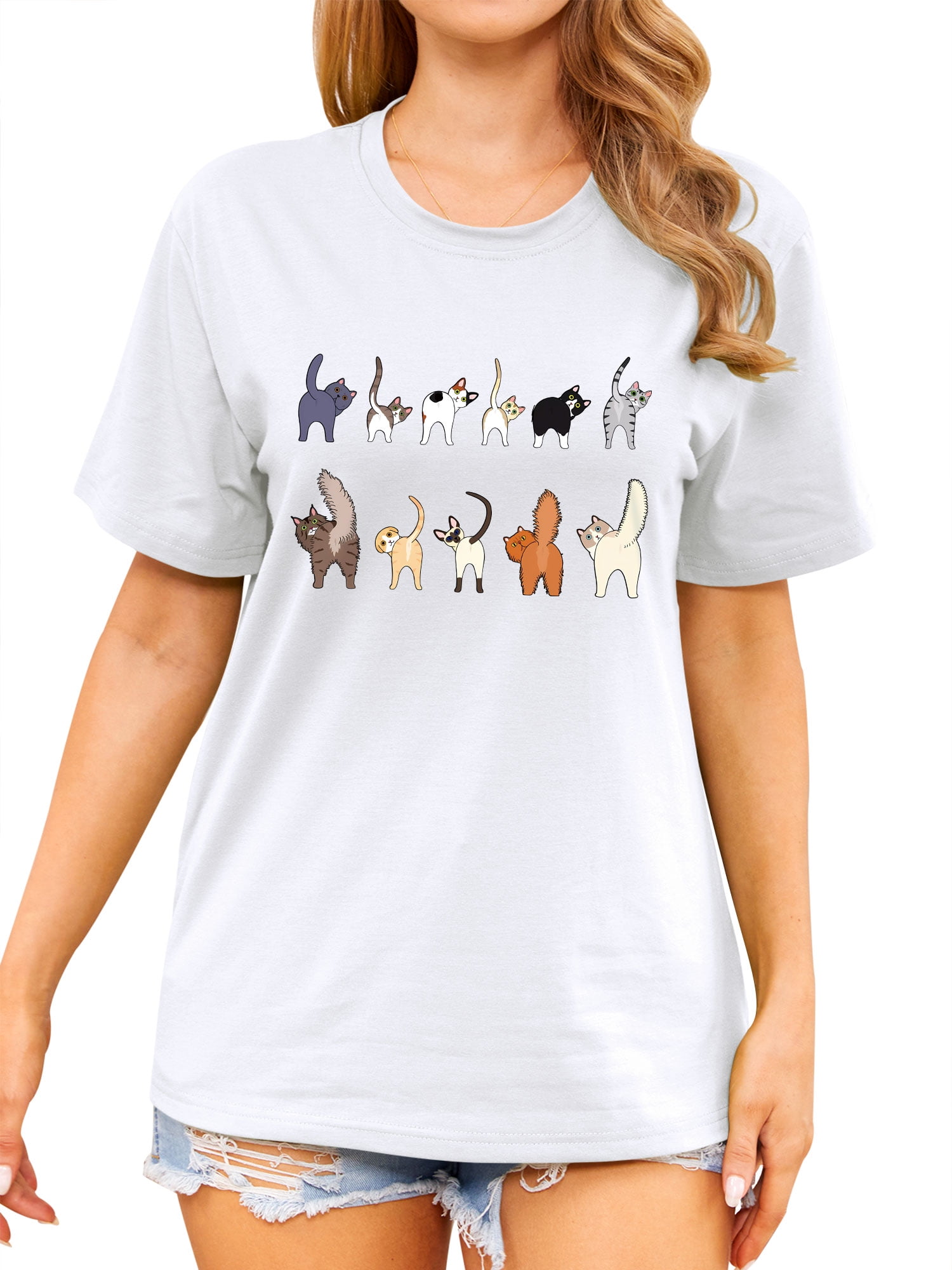 ZXSXSY Cute Cat Shirts for Women Graphic Tee Crew Neck Short