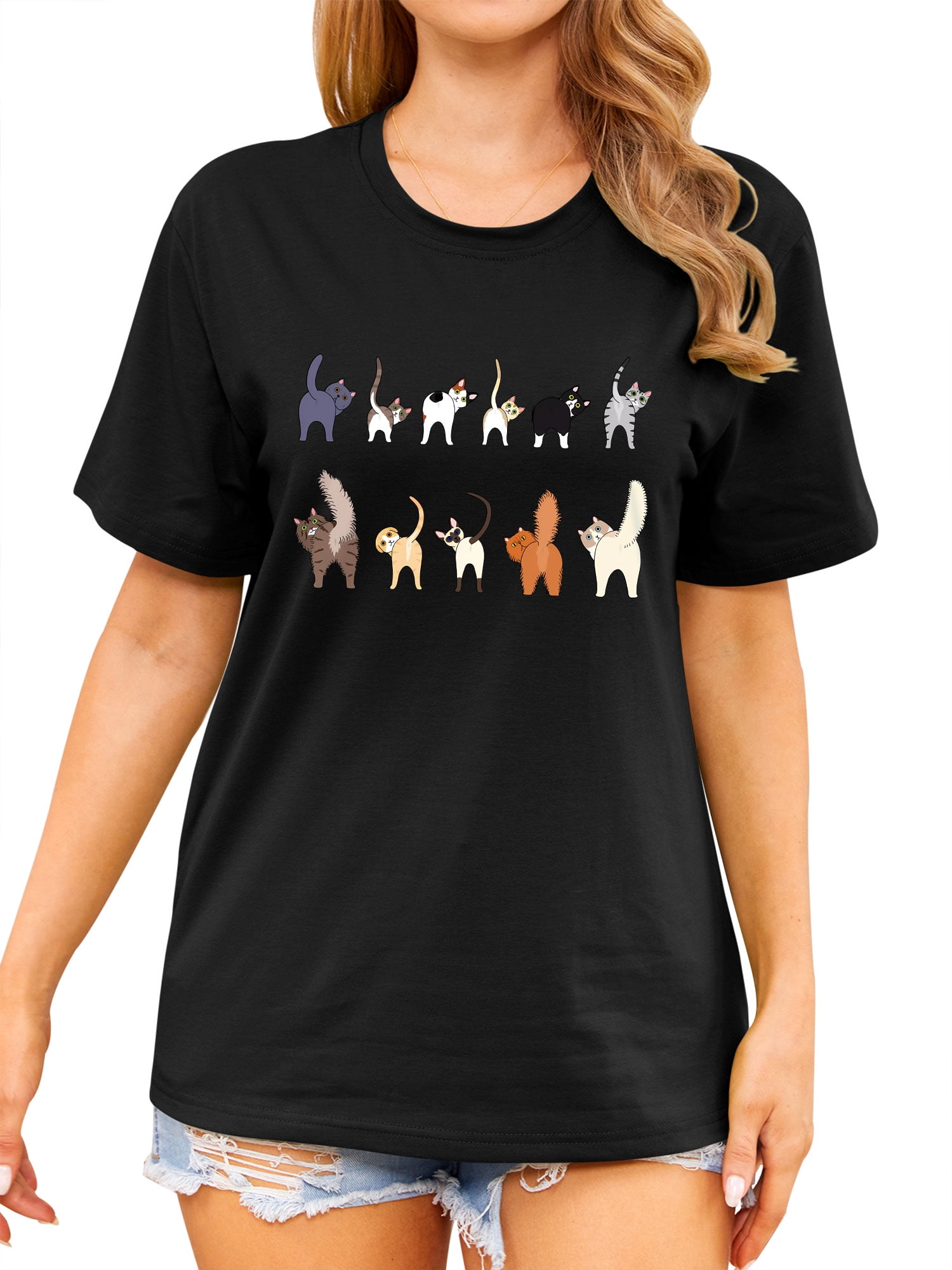 ZXSXSY Cute Cat Shirts for Women Graphic Tee Crew Neck Short