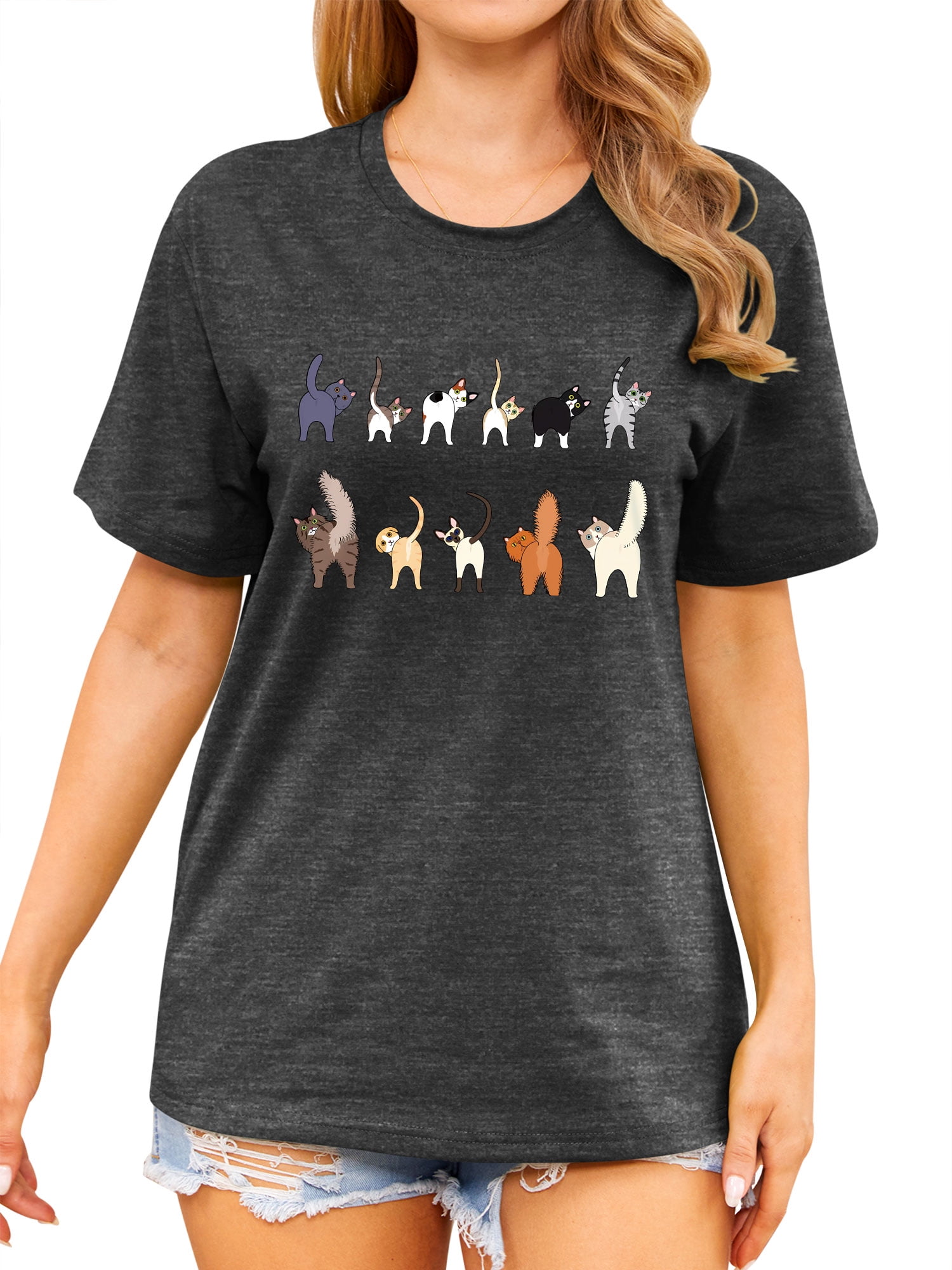 ZXSXSY Cute Cat Shirts for Women Graphic Tee Crew Neck Short