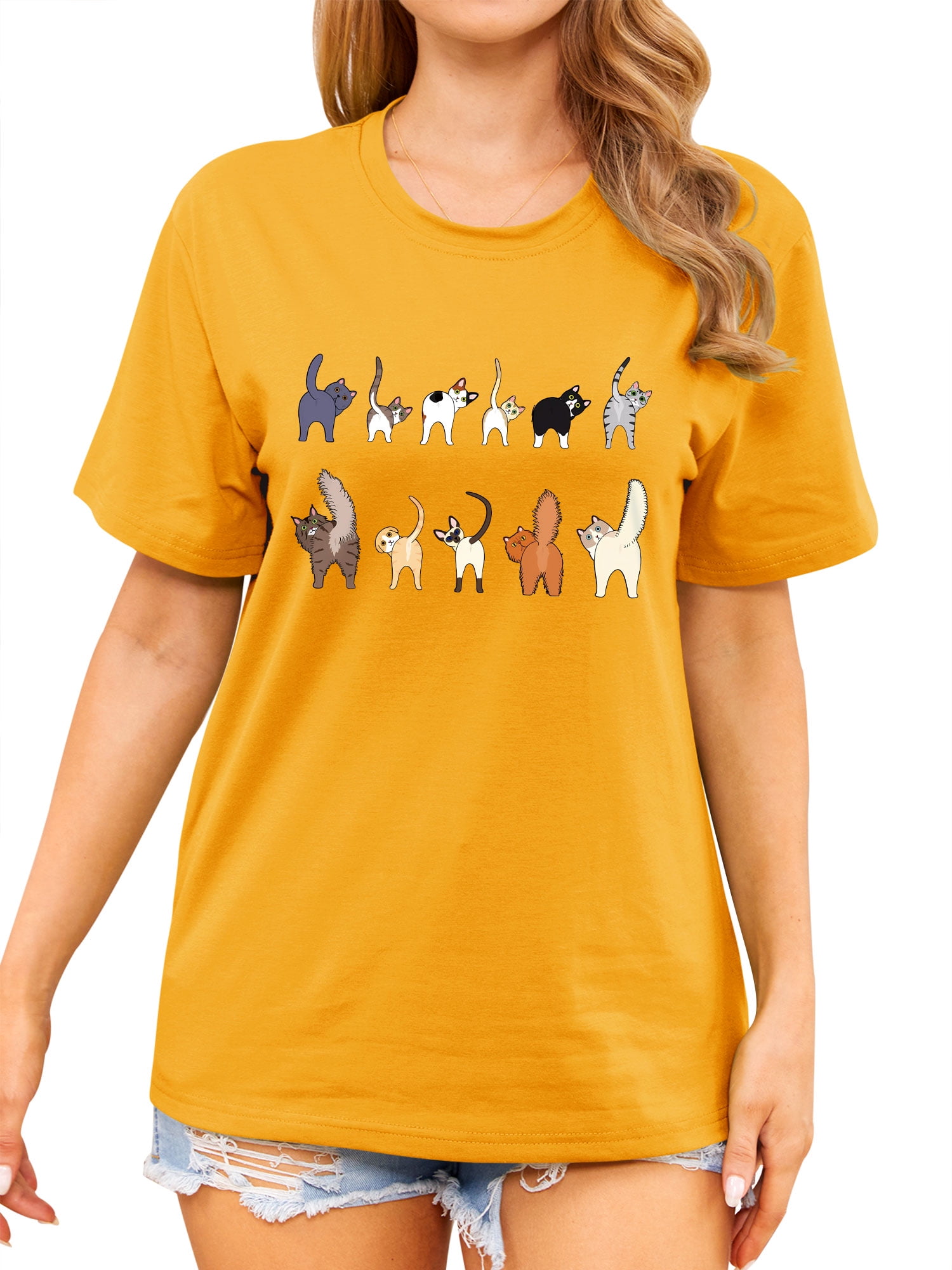 口コミ・レビュー評価が高いおすすめ人気商品の通販 ZXSXSY Short Neck Crew Tee Graphic Women for Shirts Cat Cute トップス