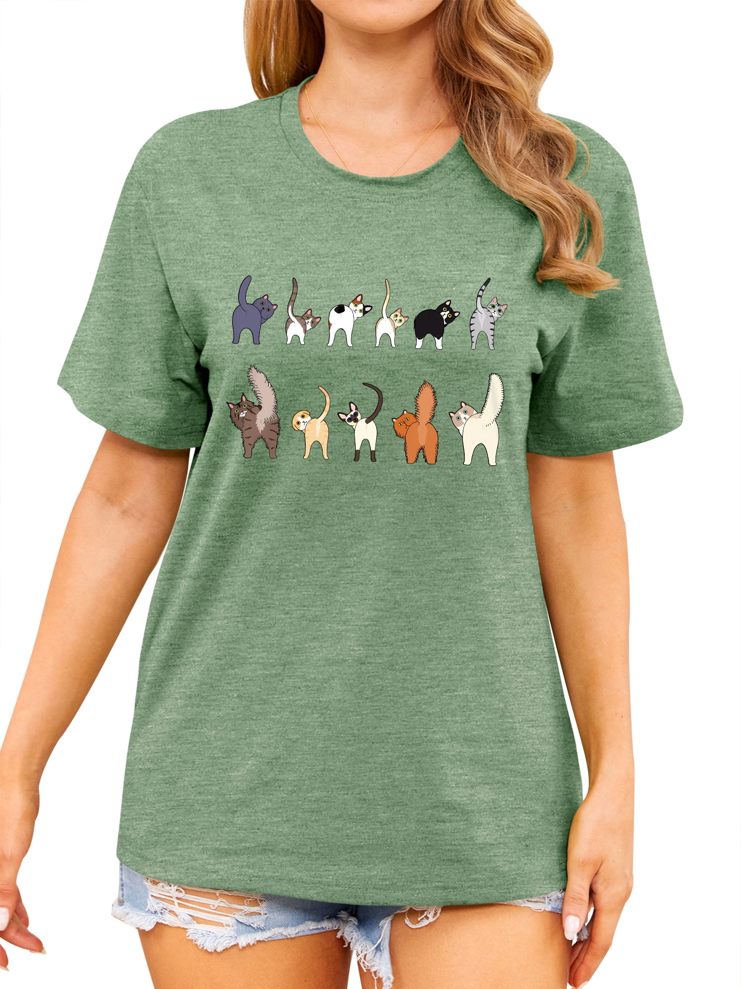 ZXSXSY Cute Cat Shirts for Women Graphic Tee Crew Neck Short