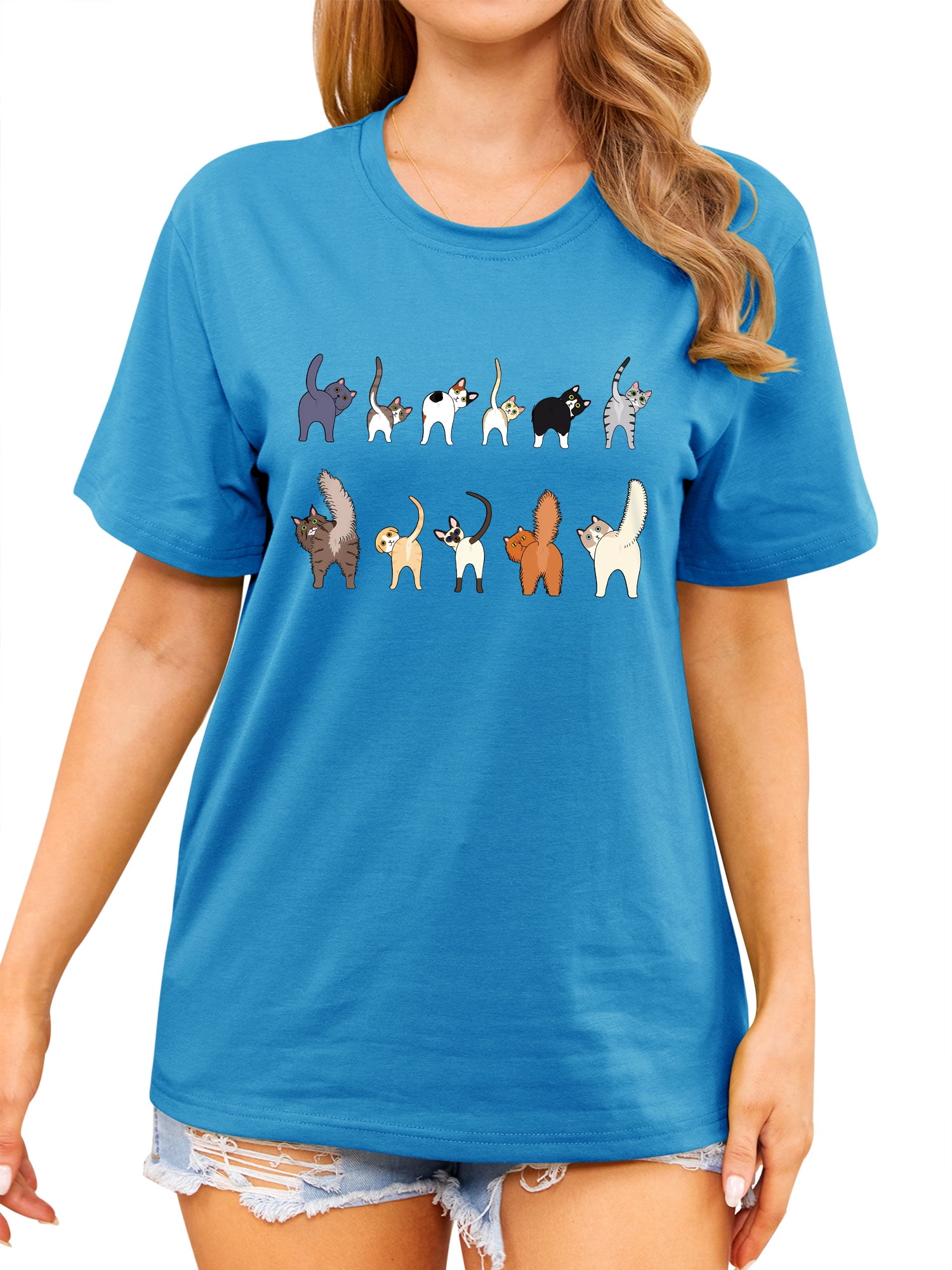 ZXSXSY Cute Cat Shirts for Women Graphic Tee Crew Neck Short