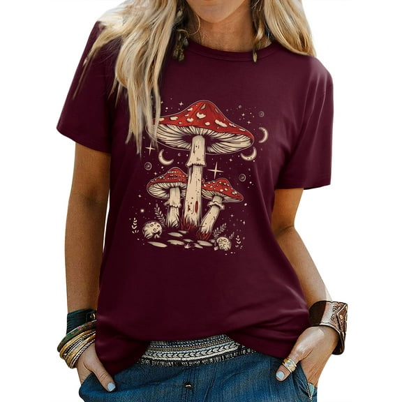 ZXSXSY Cute Graphic Tee for Women Novelty Shirts Mushrooms Moon Stars Print Short Sleeve Funny T-Shirts