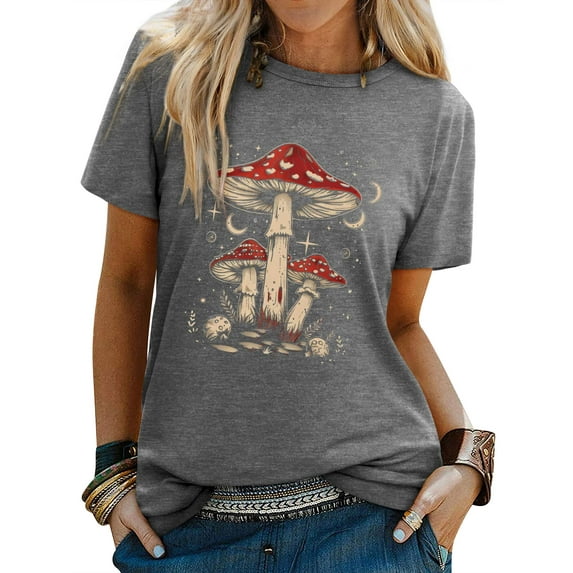 ZXSXSY Cute Graphic Tee for Women Novelty Shirts Mushrooms Moon Stars Print Short Sleeve Funny T-Shirts