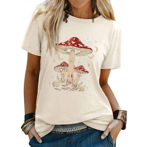 ZXSXSY Cute Graphic Tee for Women Novelty Shirts Mushrooms Moon Stars Print Short Sleeve Funny T-Shirts