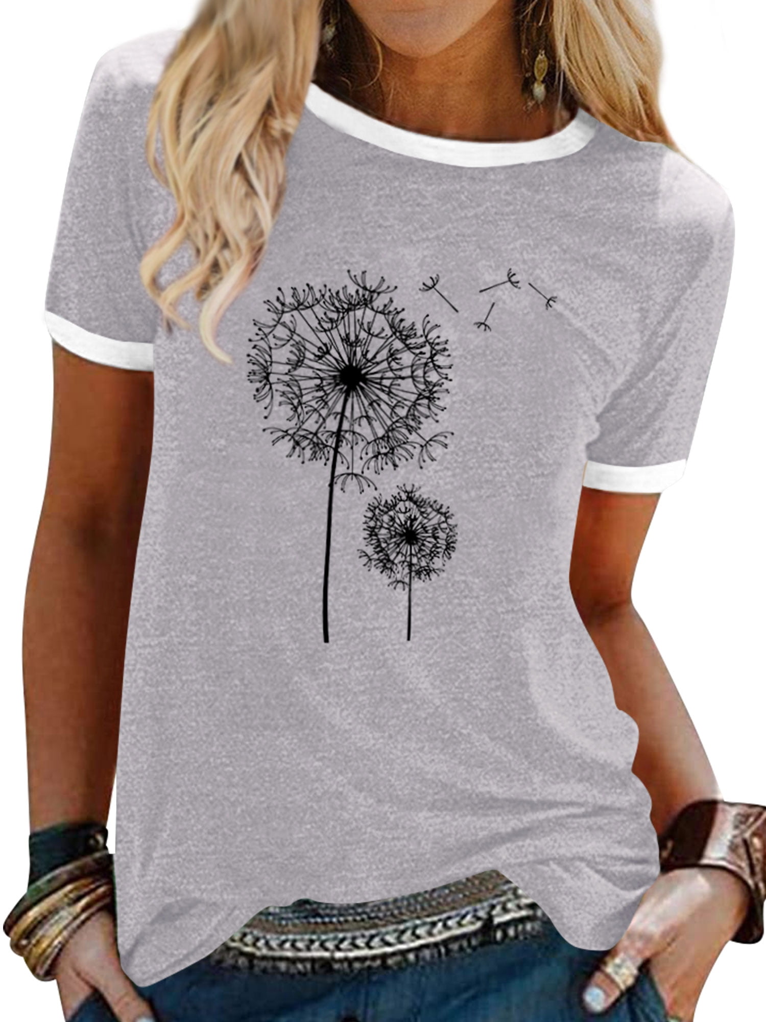 ZXSXSY Dandelion Print Graphic Tops for Women Colorblock Short