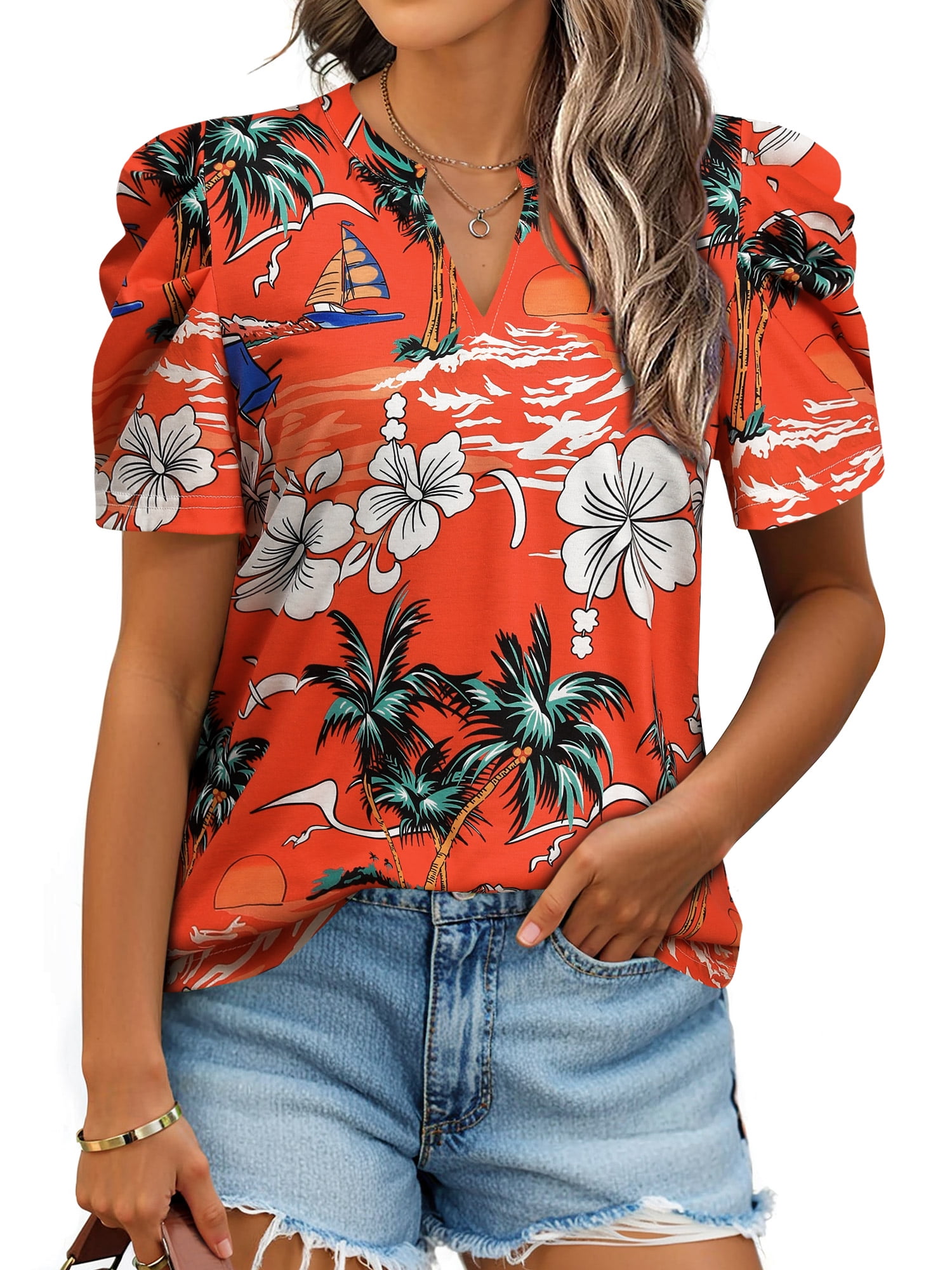 アプリコット ZXSXSY Dressy Blouses for Women Hawaiian Shirts Tropical