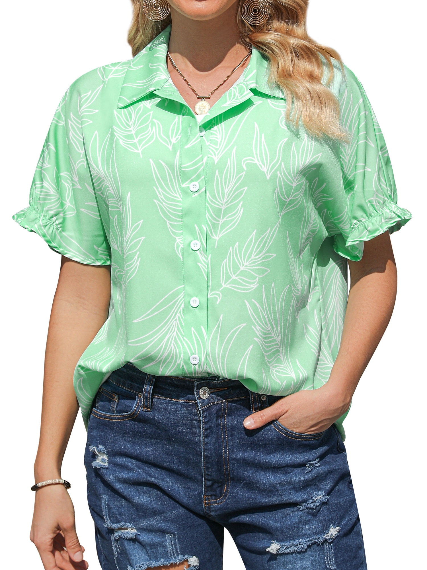 ZXSXSY Floral Print Blouses for Women Ruffle Button Down