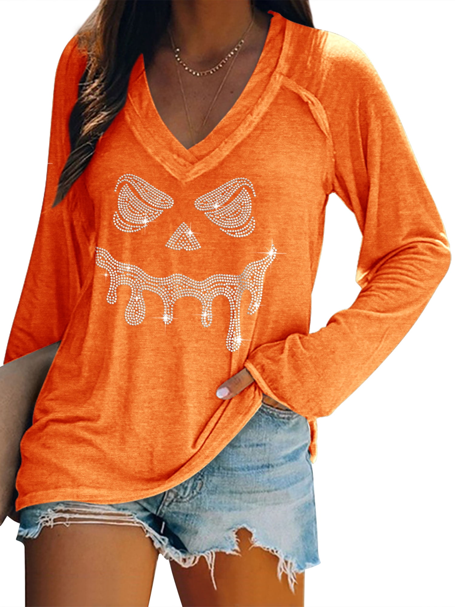 ZXSXSY Graphic Halloween Tops for Women Rhinestone Long