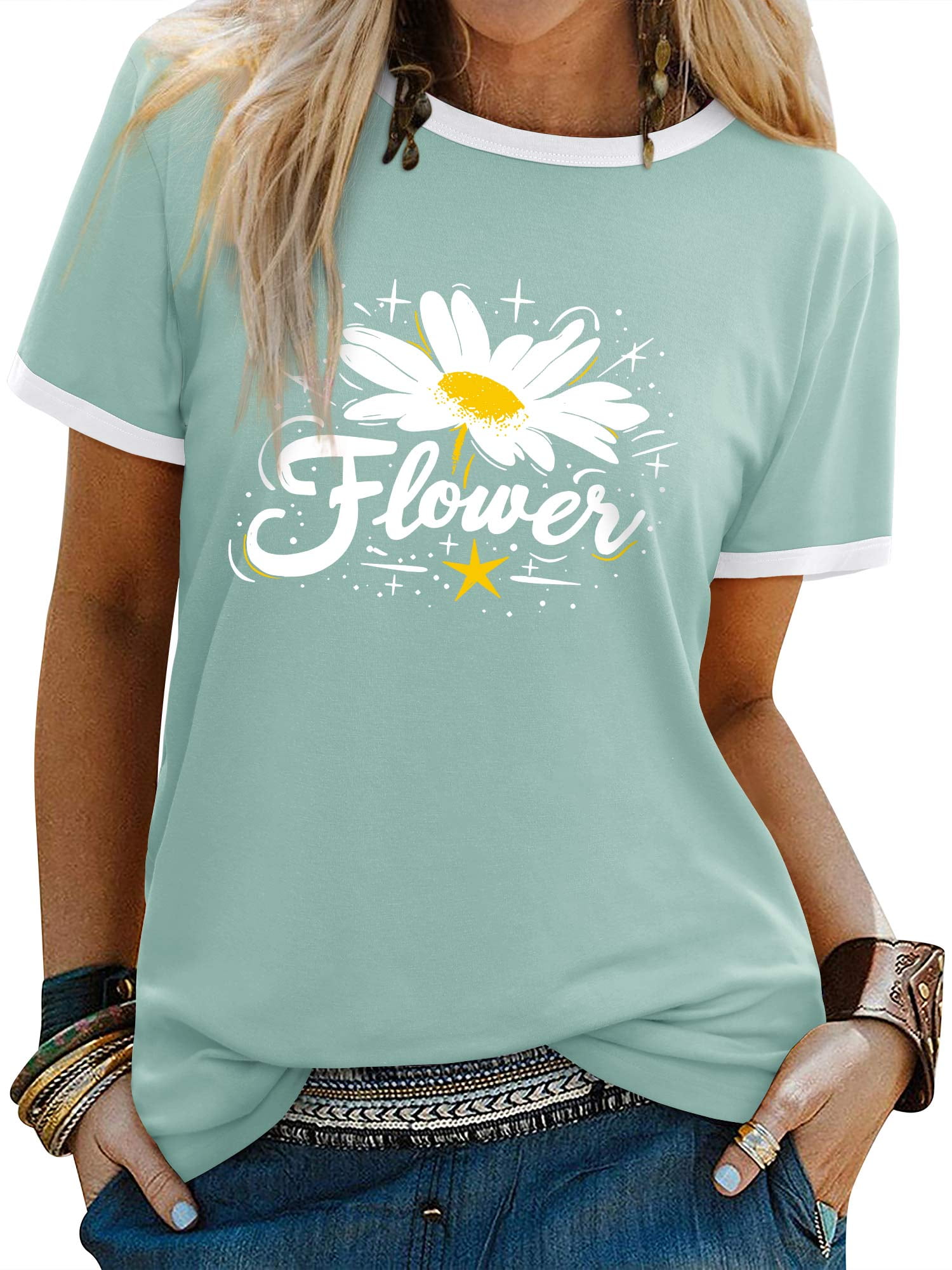 ★daisy★❤️ ZXSXSY Graphic Tees for Women Daisy Flower Print Crew Neck Short