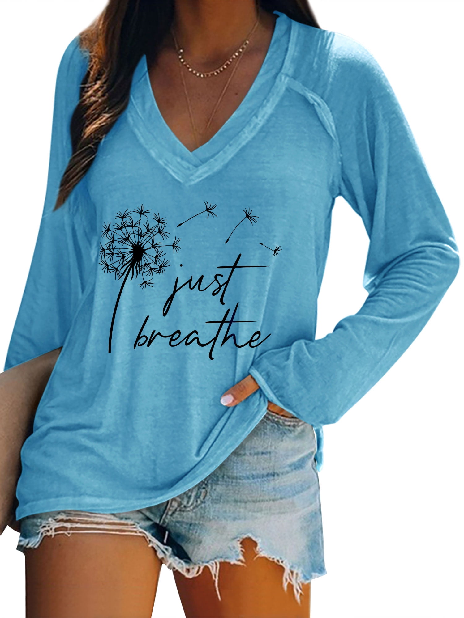 ZXSXSY Graphic Tees for Women Just Breathe Dandelion Print V-Neck
