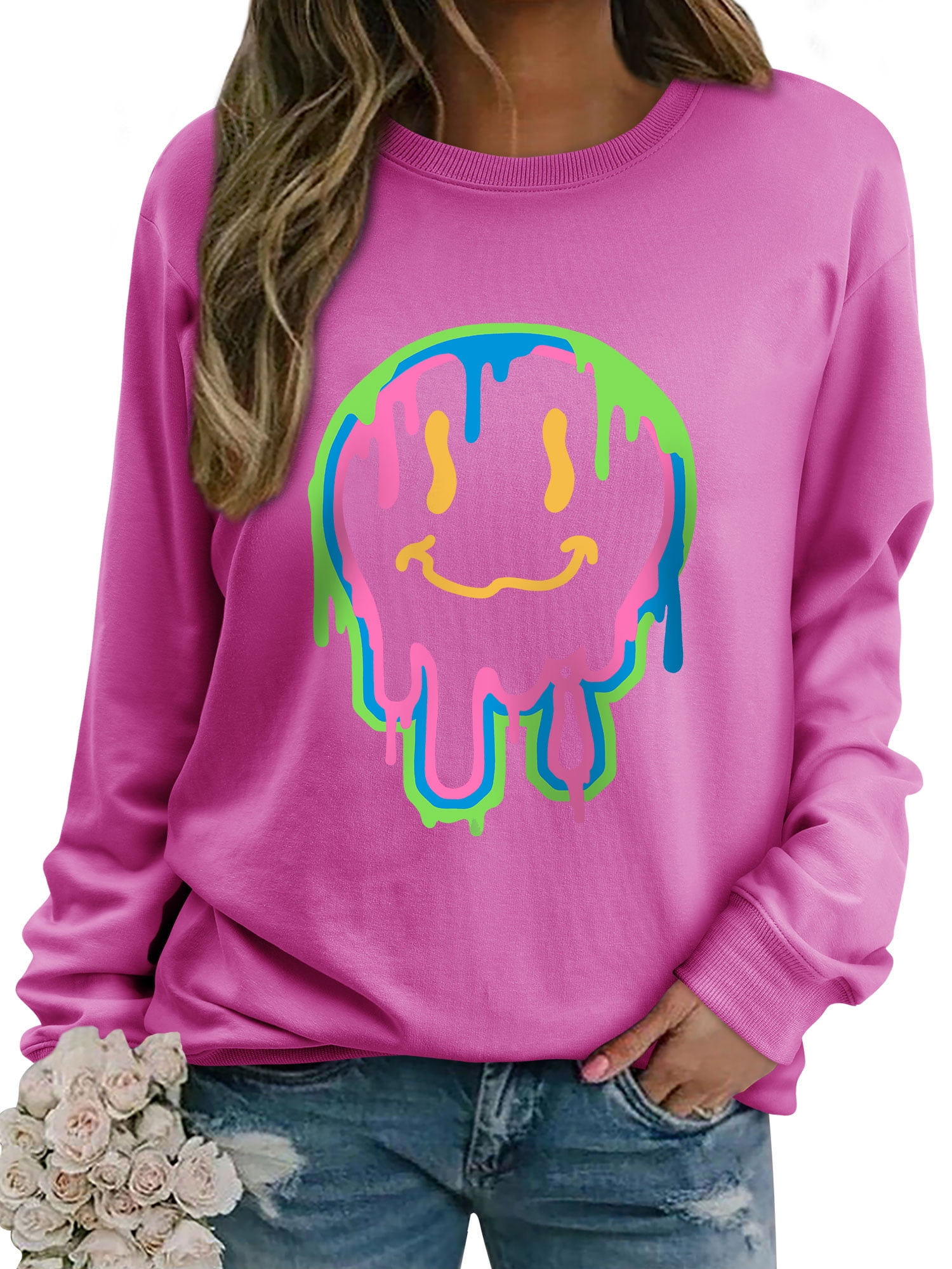 ZXSXSY Happy Face Trendy Graphic Sweatshirts for Women Casual Long