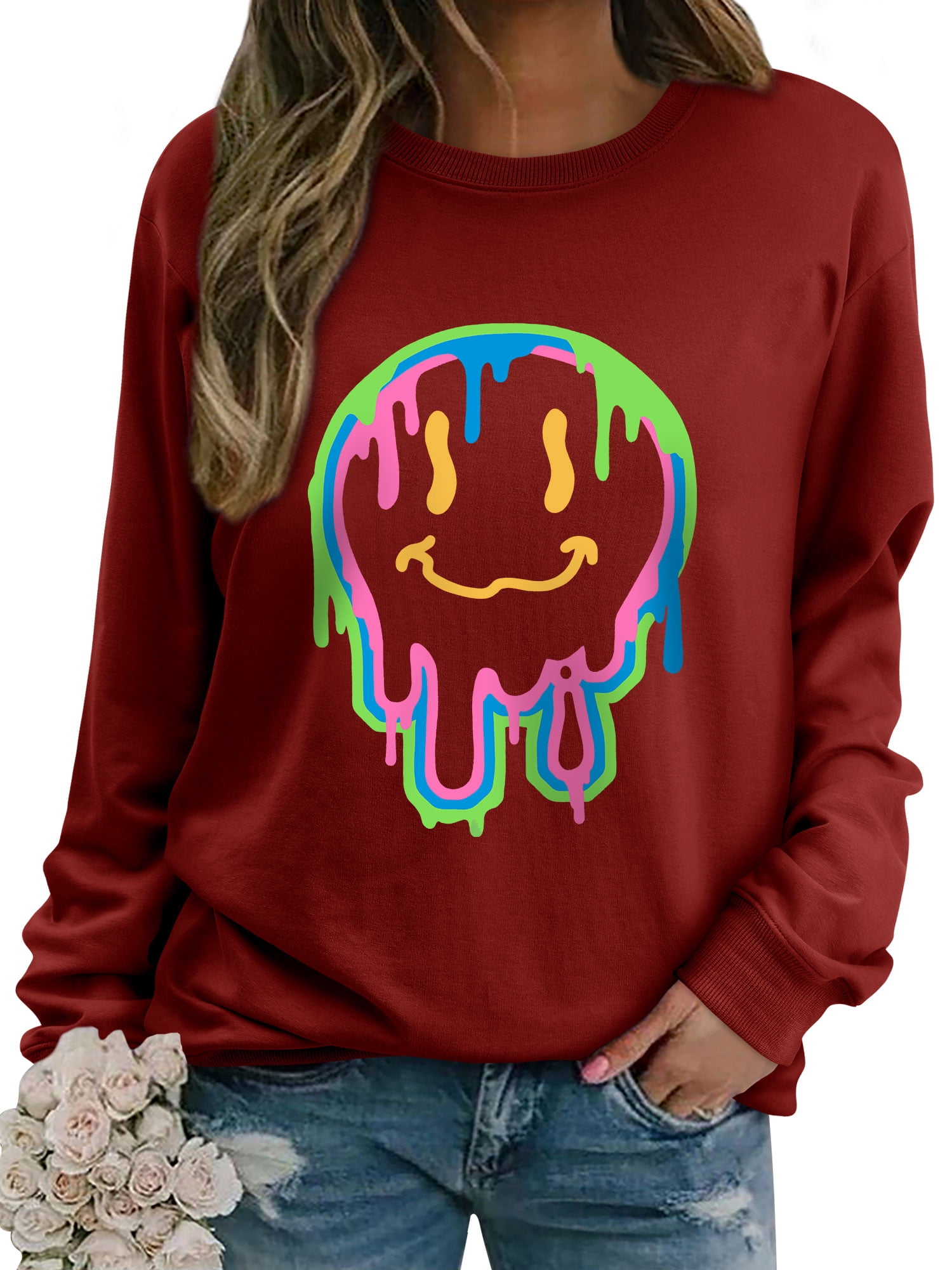 ZXSXSY Happy Face Trendy Graphic Sweatshirts for Women Casual Long
