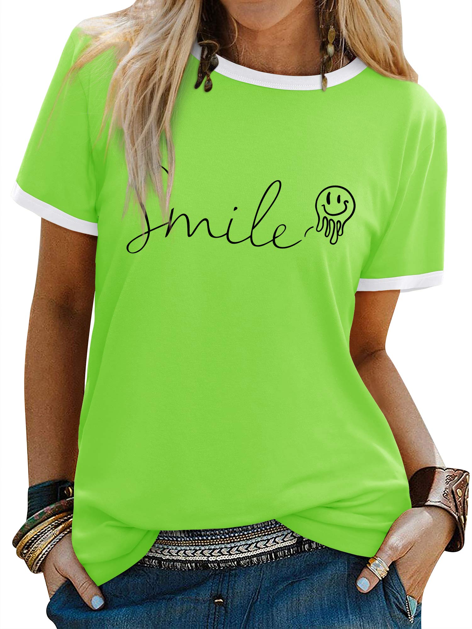 ZXSXSY Womens Cute Smile Face Funny Tops Summer Graphic Tees Short