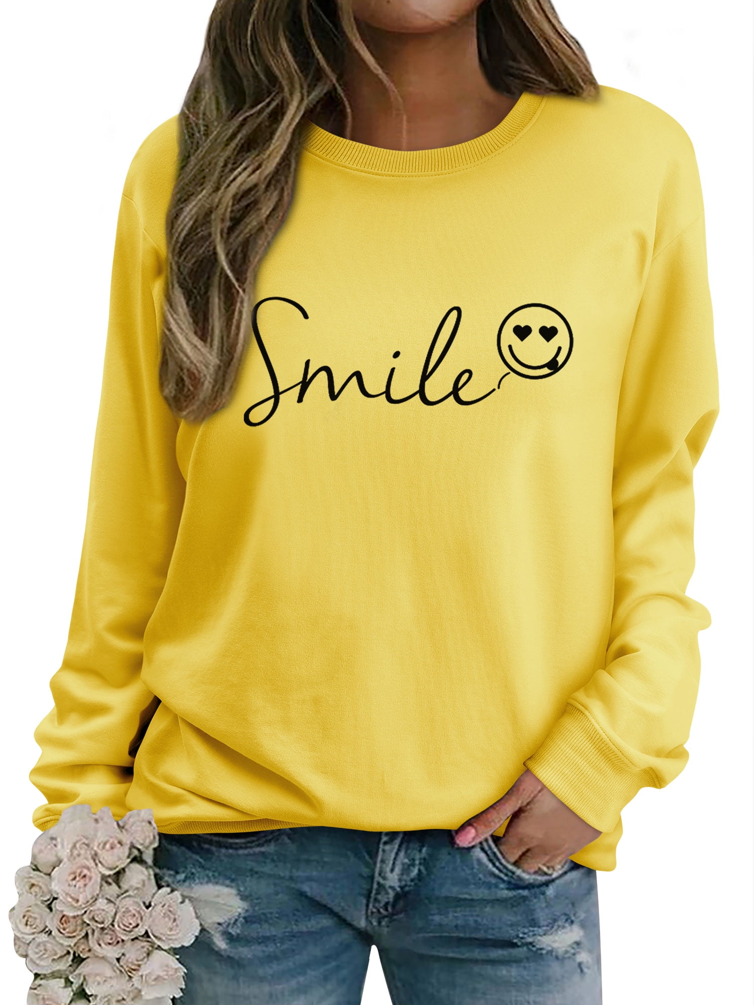 ZXSXSY Letter Print Happy Face Trendy Graphic Sweatshirts