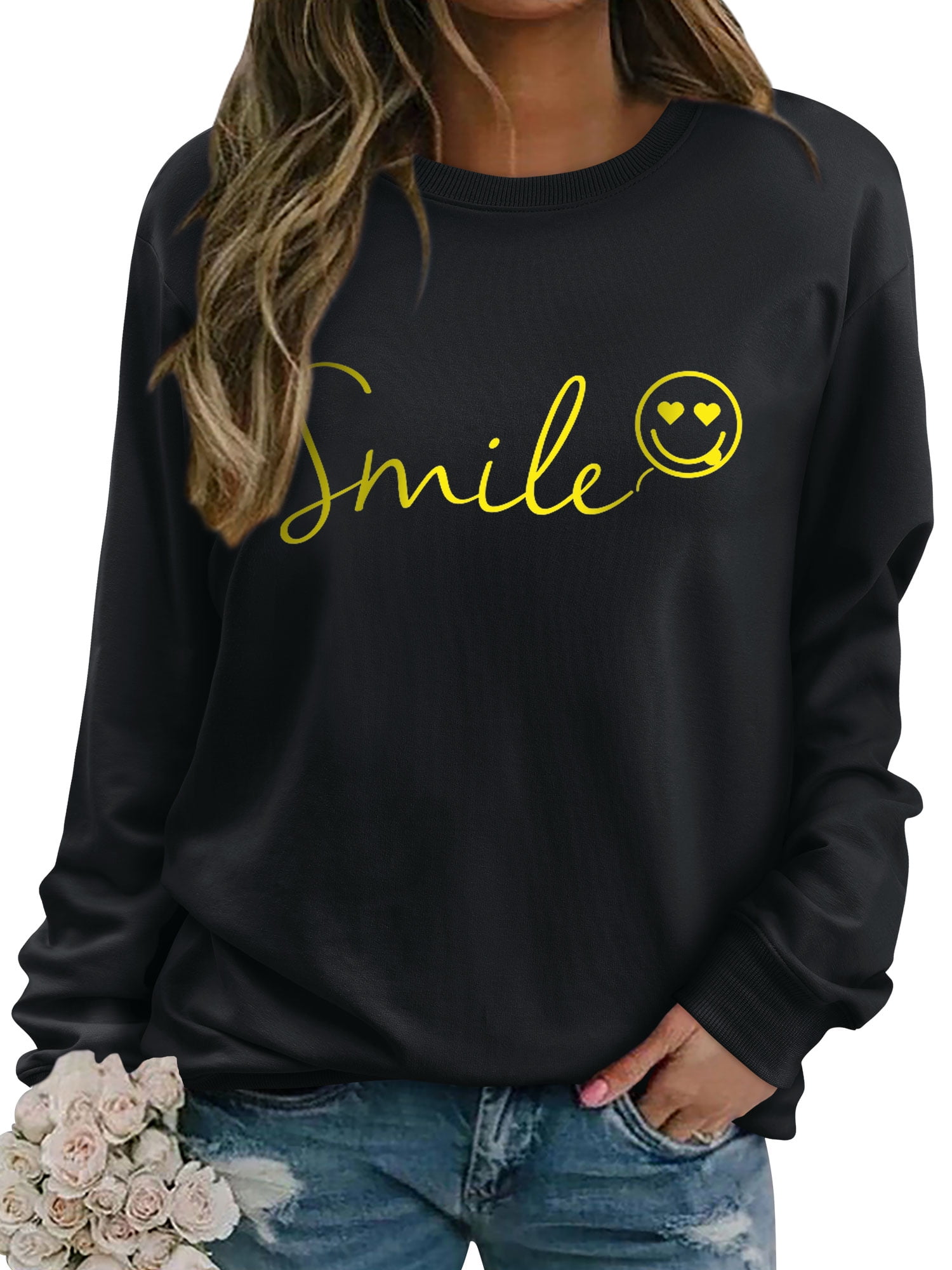 ZXSXSY Letter Print Happy Face Trendy Graphic Sweatshirts