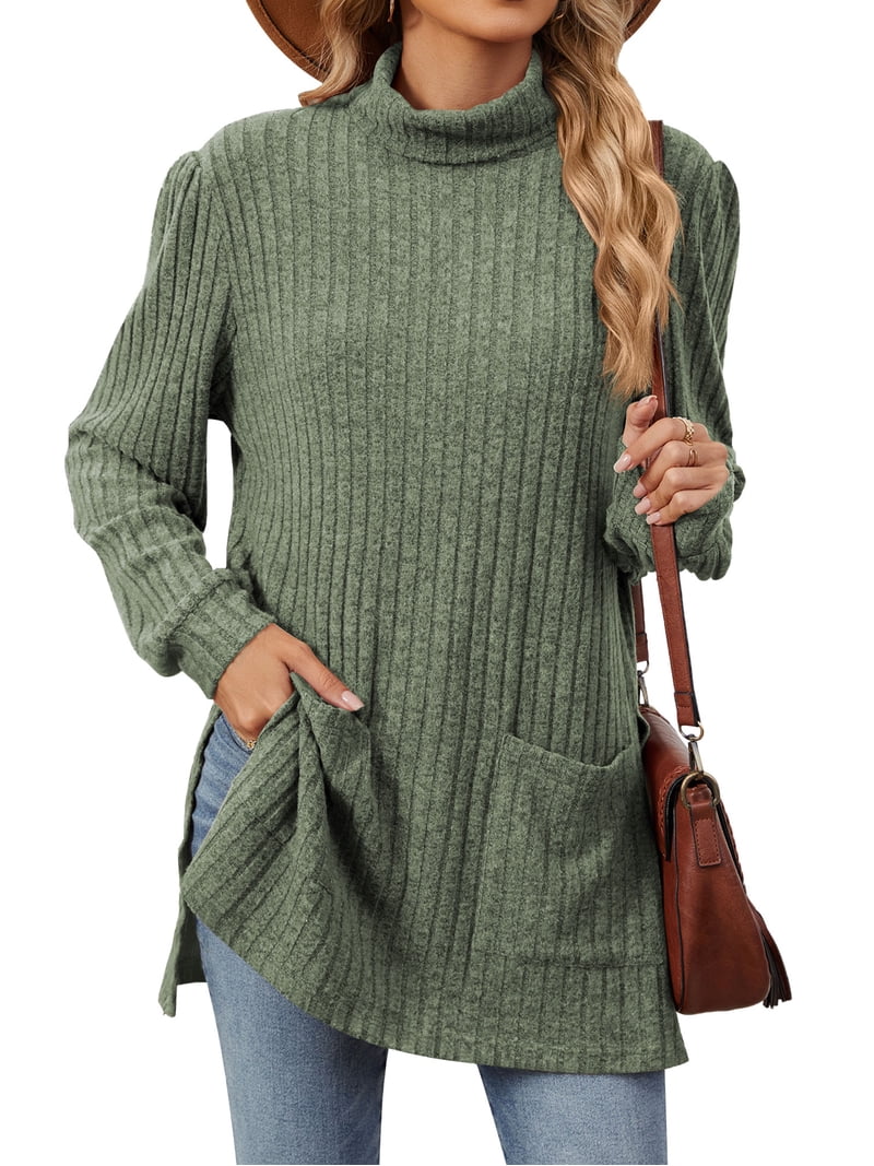 ZXSXSY Long Sleeve Shirts for Women Mock Neck Pocket Split Hem