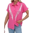 thumbnail image 1 of ZXSXSY Rhinestone Fringe Button Down Shirts for Women Rolled Short Sleeve Sparkly Top Concert Western Cowgirl Shirt, 1 of 6