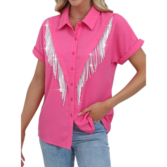 ZXSXSY Rhinestone Fringe Button Down Shirts for Women Rolled Short Sleeve Sparkly Top Concert Western Cowgirl Shirt