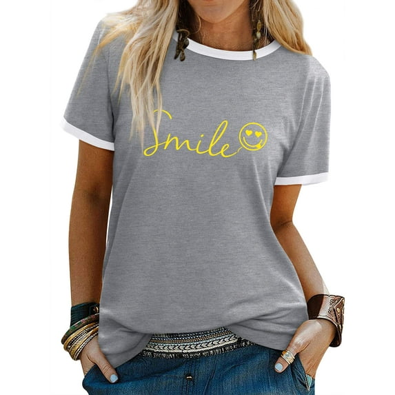 ZXSXSY Womens Summer Cute Smile Face Funny T-Shirts Trendy Graphic Tops Casual Short Sleeve Tee Shirts