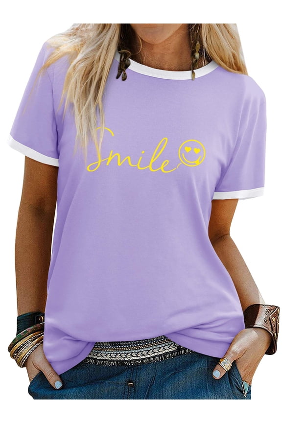 Womens Summer Cute Smile Face Funny T-Shirts Trendy Graphic Tops Casual Short Sleeve Tee Shirts