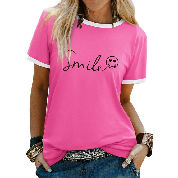 ZXSXSY Womens Summer Cute Smile Face Funny T-Shirts Trendy Graphic Tops Casual Short Sleeve Tee Shirts