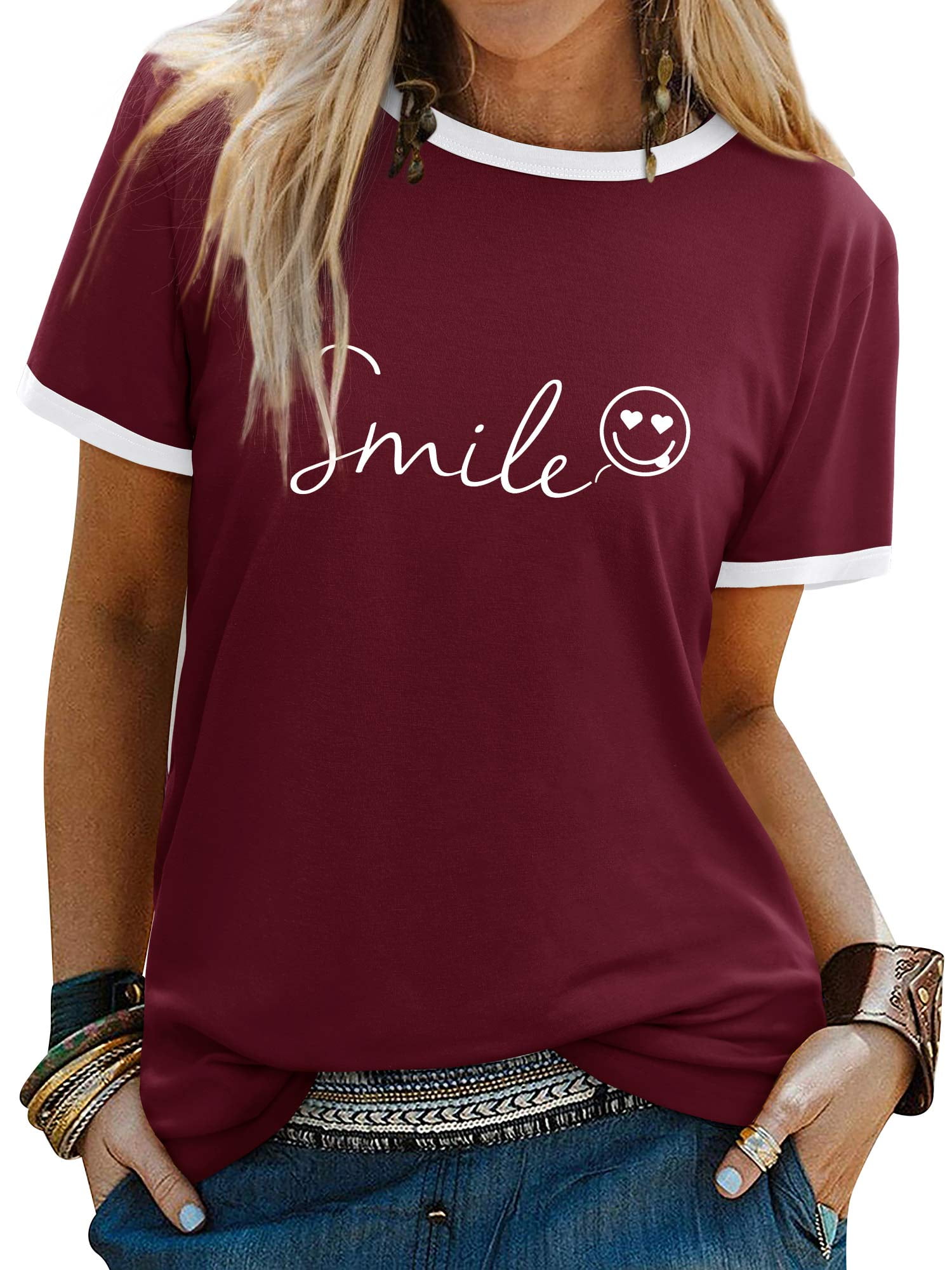 ZXSXSY Womens Summer Cute Smile Face Funny T-Shirts Trendy Graphic