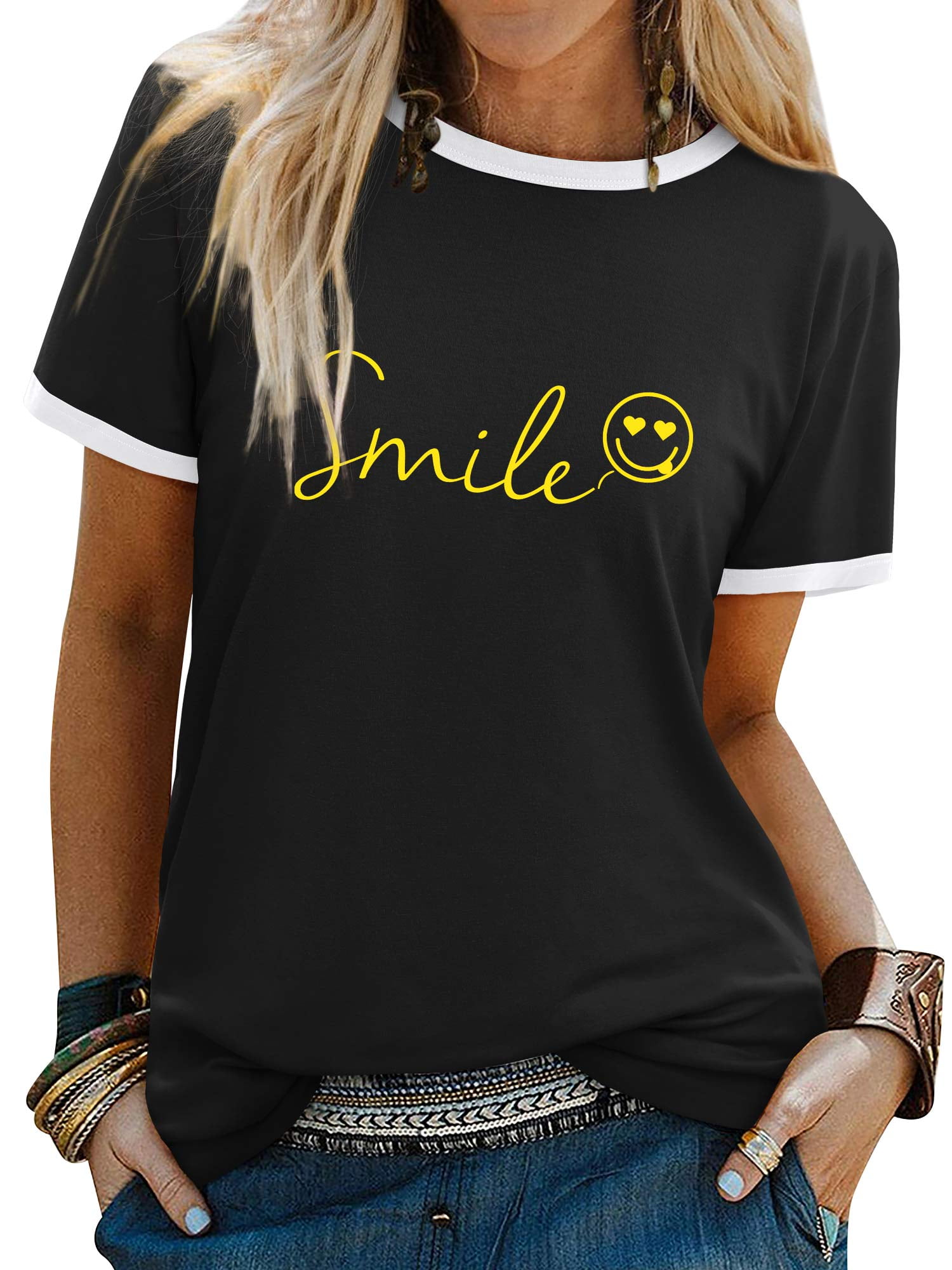 トップス　smile ZXSXSY Womens Summer Cute Smile Face Funny T-Shirts Trendy Graphic