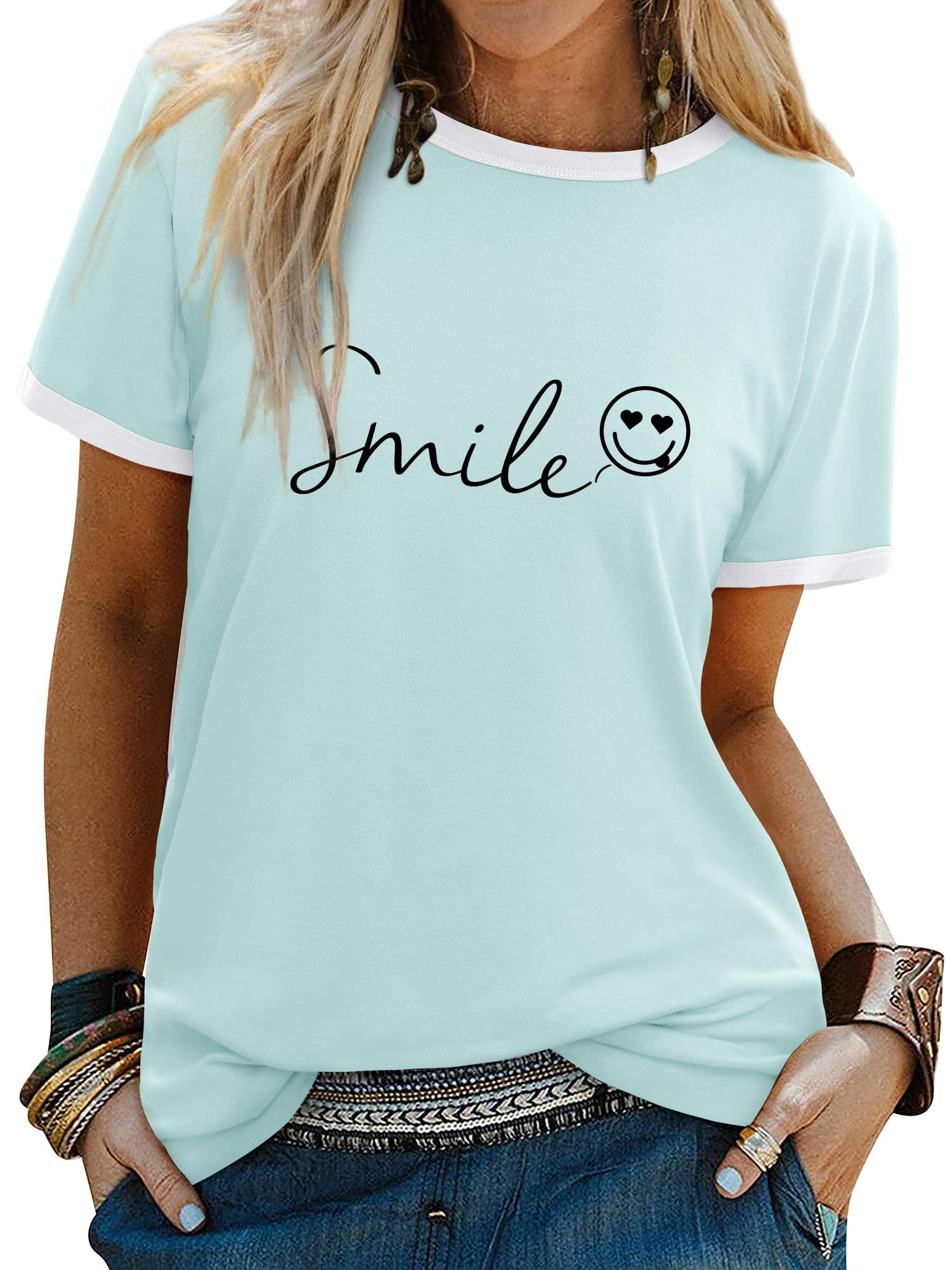 トップス smile ZXSXSY Womens Summer Cute Smile Face Funny T-Shirts Trendy Graphic