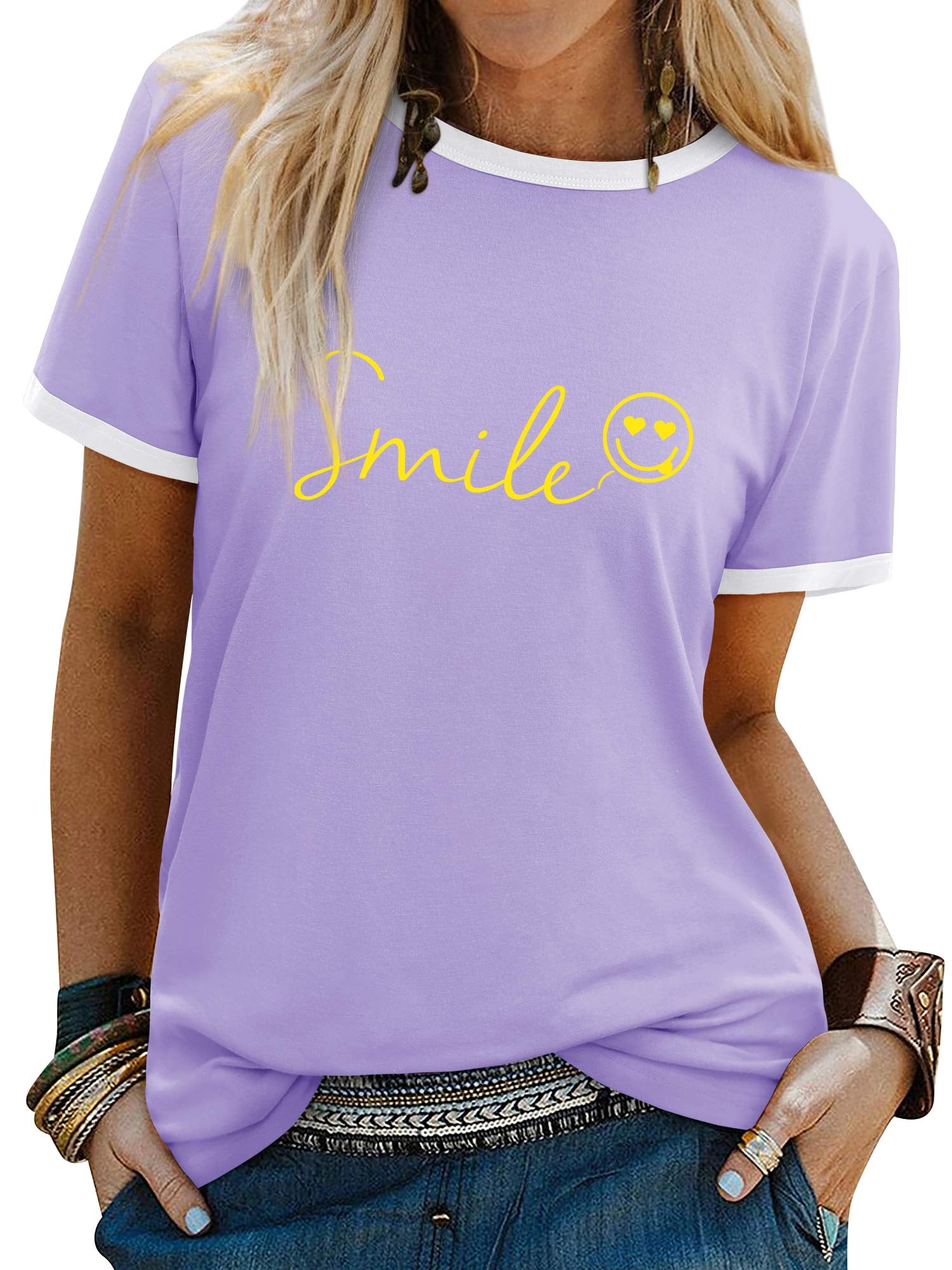 ZXSXSY T-Shirts for Women Happy Face Letter Print Graphic