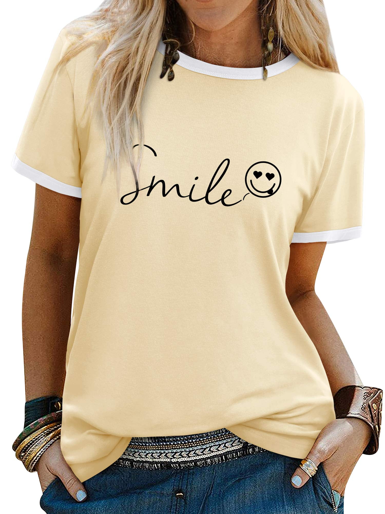 ZXSXSY T-Shirts for Women Happy Face Letter Print Graphic