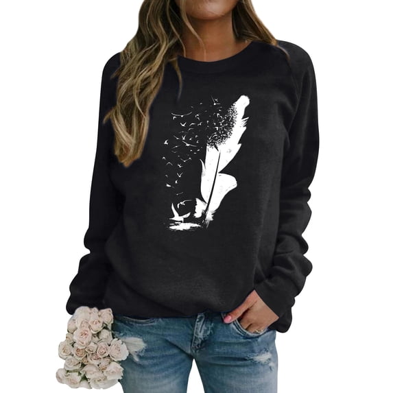 ZXSXSY Women Bird Feather Pattern Printed Graphic Pullover Crew Neck Long Sleeve Sweatshirt