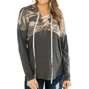 ZXSXSY Women Camouflage Spliced Lace Up Long Sleeves Color Block Hoodie