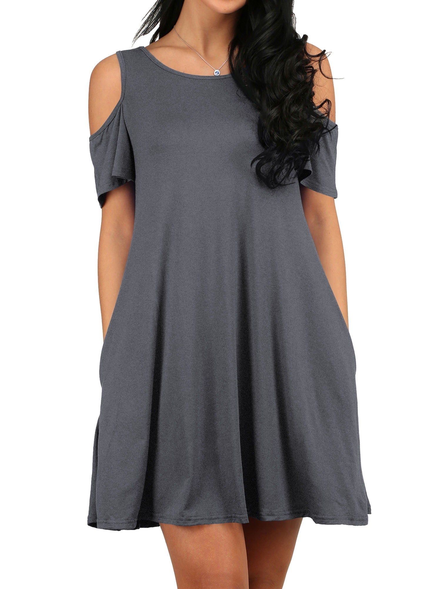 スクイーズ ドレス ZXSXSY Women Cold Shoulder Solid Color Party Dress with Pocket