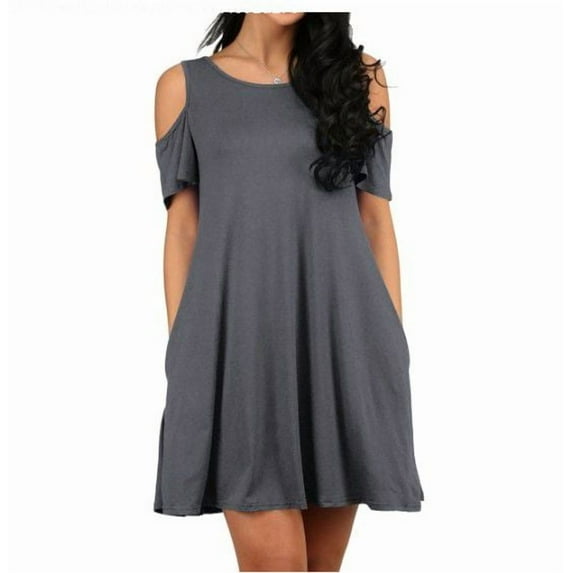 ZXSXSY Women Cold Shoulder Solid Color Party Dress with Pocket