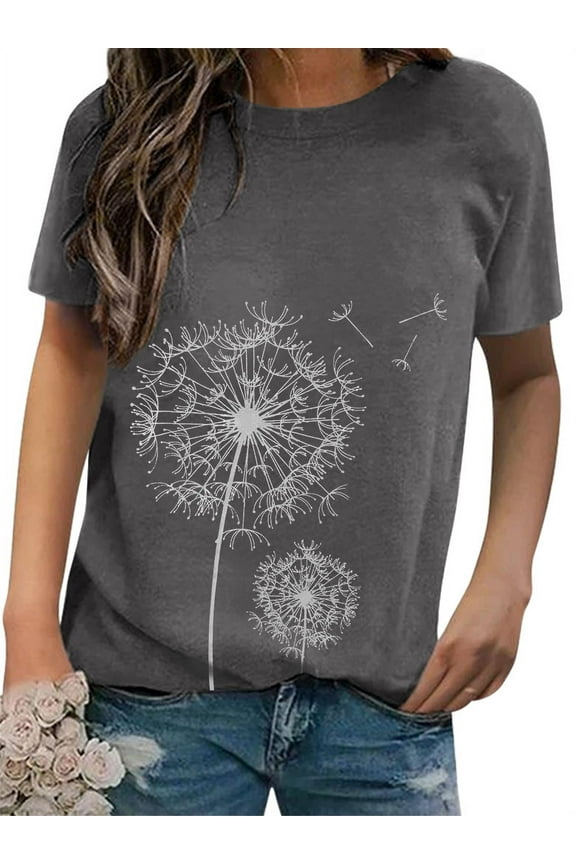 Women Crew Neck Short Sleeve Dandelion Printed Top