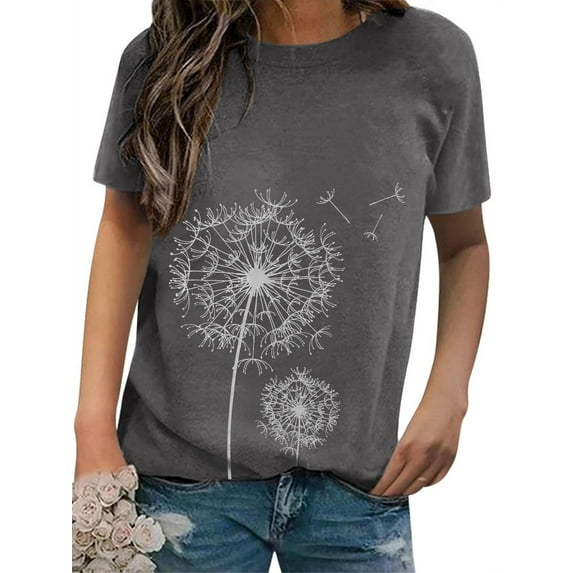 ZXSXSY Women Crew Neck Short Sleeve Dandelion Printed Top