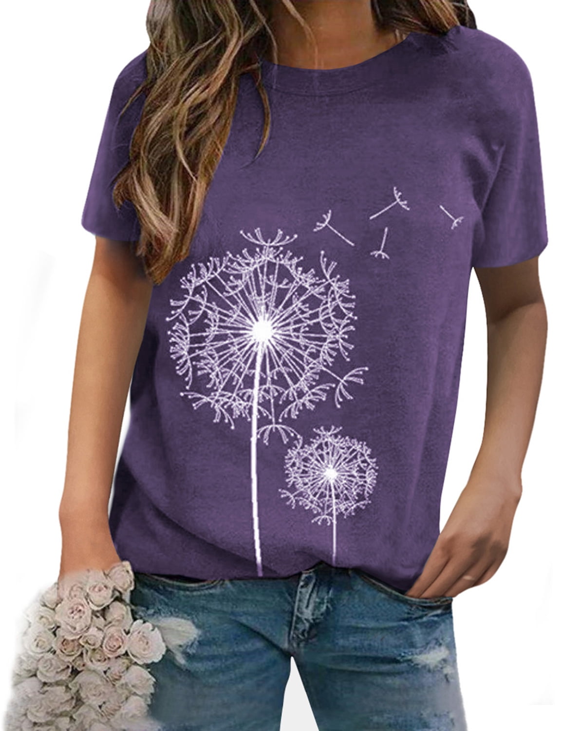 @ 大人気flowerトップス ZXSXSY Women Crew Neck Short Sleeve Dandelion Printed Top