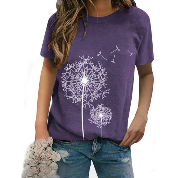 ZXSXSY Women Crew Neck Short Sleeve Dandelion Printed Top